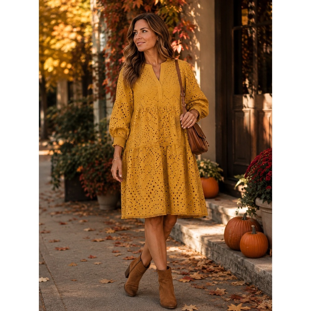 Chicos Eyelet Tiered Boho Fall Autumn Wedding Cottagecore Dress Yellow Sz 14